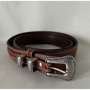 3D Belt Western Men's Genuine handtooled Leather Brown Double Stitched Size 42